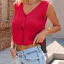 Saodimallsu Womens Cropped Sweater Vest V Neck Button Down Y2k Crop Knit Summer Trendy Sleeveless Chunky Tank Tops (Red)