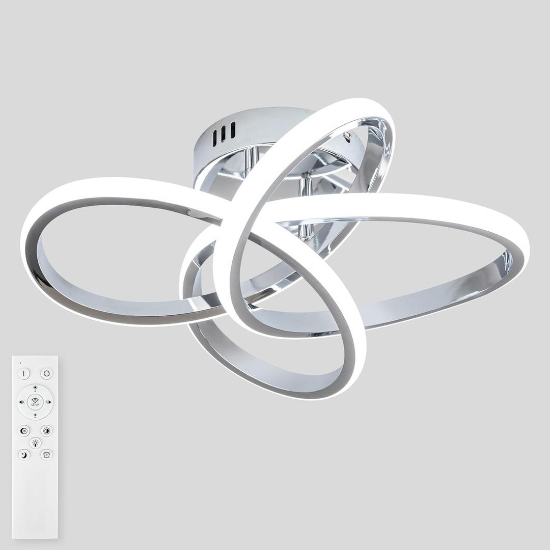 Modern LED Ceiling Light with Remote Control, Stepless Dimming, 3000-6000K Selectable, 36W, Dimmable LED Chandelier for Bedroom, Bathroom, Entryway, Hallway, Chrome Finish