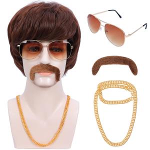70s 80s Costume Wigs for Men with Mustache Glasses and Chain Short Brown Shaggy Disco Wig for Singer Rocker Hippie Retro Cosplay Halloween Party