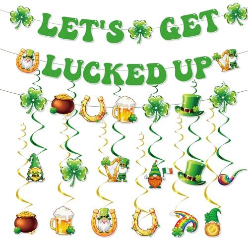 St. Patricks Day Party Decorations Include LET’S GET LUCKED UP Banners Hanging Swirls Leprechaun Shamrock Lucky Leaf Clover Irish St Theme Decor Supplies