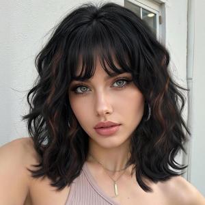 Lativ Black Mix Brown Wig with Bangs Short Wavy Wigs for Women Shoulder Length Curly Bob Wigs 14 Inches for Halloween Cosplay Daily Party Use 