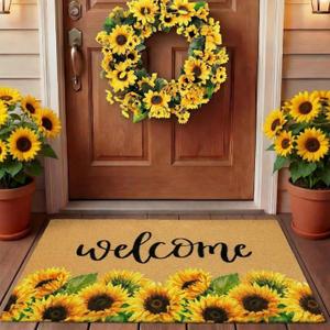 Tingjoo 2 Pcs Sunflower Natural Coir Doormat Fall Wreath and Door Mat 17 x 29 Inch Sunflower Welcome Mat and Front Door Wreath for Home Entryway Outdoor Patio Porch Garden
