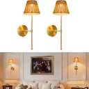 Dimmable Rechargeable Wall Sconce, Battery Operated Wall Light with 3 Color Temperatures & Touch Control, No Wiring Needed, Hand Woven Boho Rattan Lamps Set of 2 for Living Room, Bedroom (Rattan)