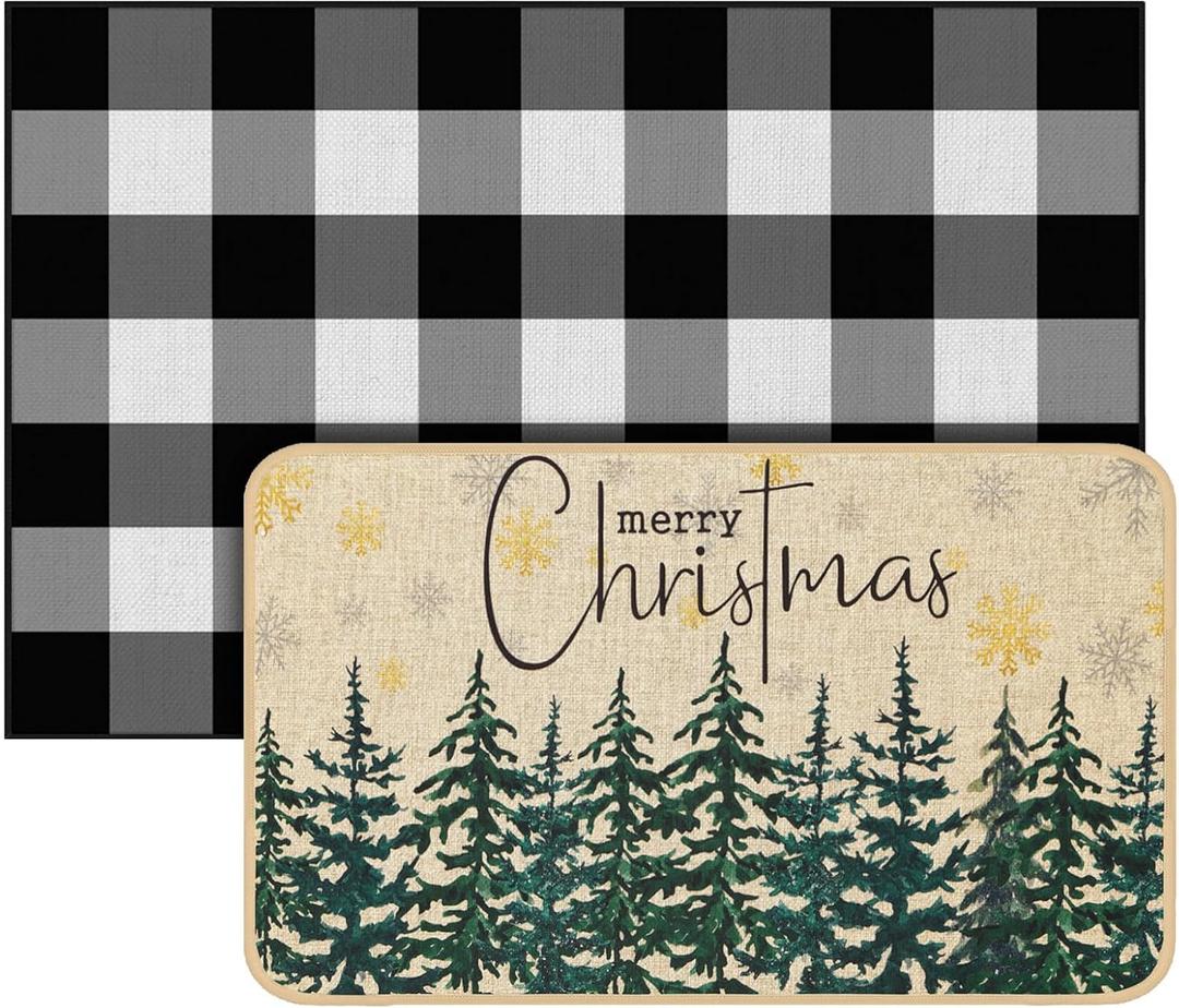 Dunzy 2 Pcs Christmas Welcome Mat Outdoor Merry Christmas Doormat 17x30 & Black White Plaid Entrance Rug 28x43 Non Slip Floor Mat Layered for Indoor Outside Xmas Home Front Door Porch Entryway Decor