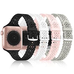 Bandiction 4 Pack Lace Silicone Bands Compatible with Apple Watch Bands 38mm 40mm 41mm 42mm 44mm 45mm 46mm 49mm, Women Slim Thin Hollow-out Wristband for iWatch Series 11 10 9 Ultra 8 SE 7 6 5 4 3 2 1 (Black/White/Sand Pink/Stone)