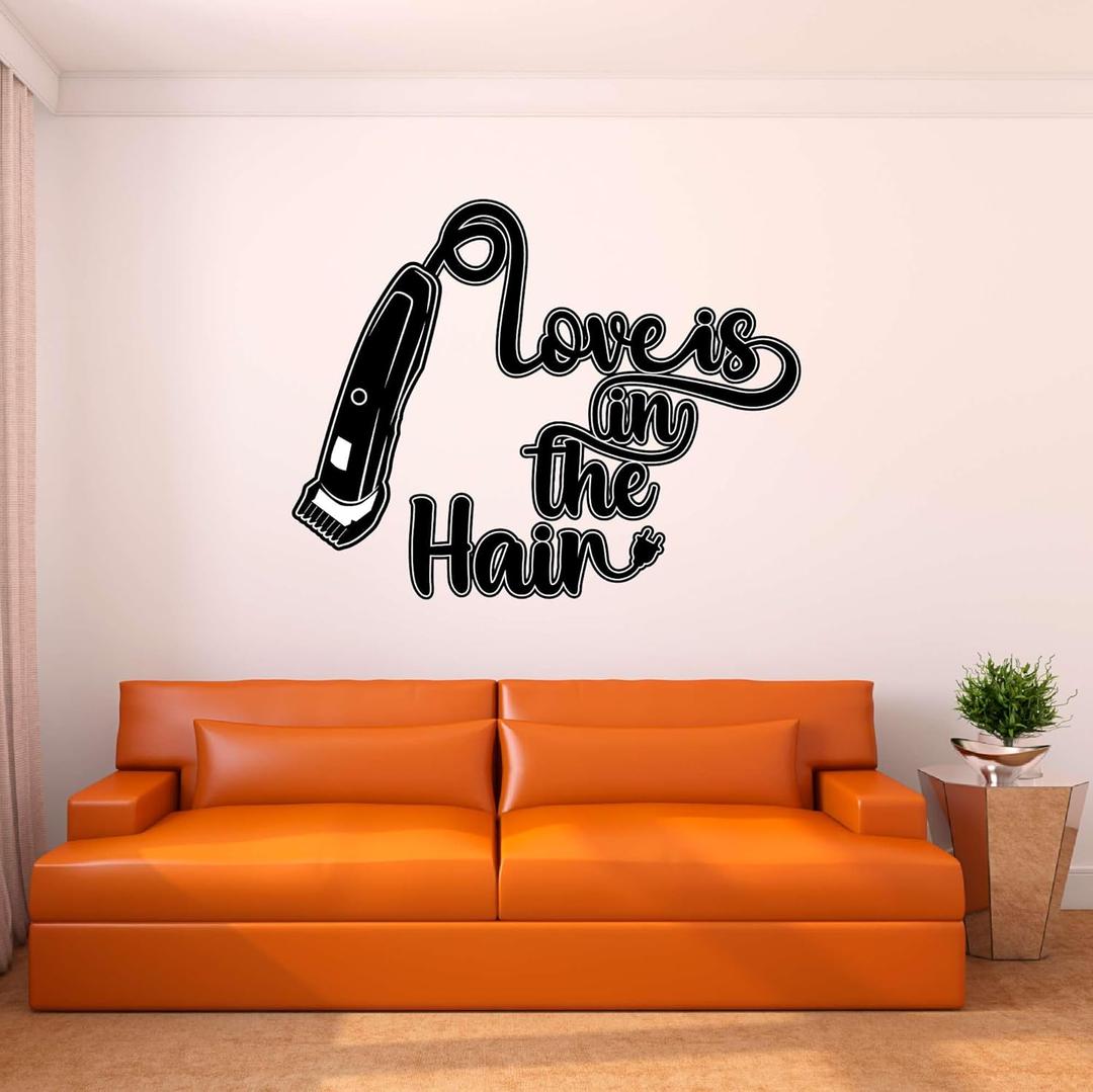 Wall Decal Love is in The Hair Cute Girly Wall Sticker Cute Vintage Electric Hair Trimmer Removable - Size: 30 in(W) x 24 in(H) (Black)