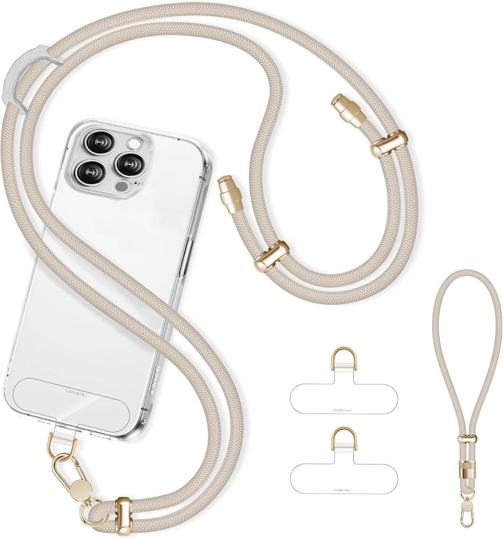 Derraffina Cell Phone Lanyard Adjustable Crossbody Phone Lanyard *1 Phone Wrist Strap *1 with Deluxe Gold Matal Buckle + Clear Tether Tabs *2 for Shopping Travelling Hiking Beige