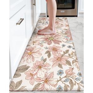 DEXI Kitchen Mats for Floor, 23x86, Cushioned Standing Mat Anti Fatigue, Wide Waterproof Comfort Floral Padded for Laundry Room Office, Pink