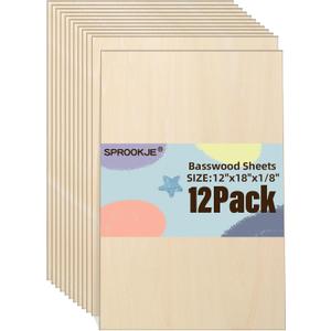 Basswood Sheets 12"x18"x1/8",12 Pack | 3mm Basswood for Laser Cutting and Engraving, Unfinished Wood for Crafts,Wood Burning, DIY Ornaments