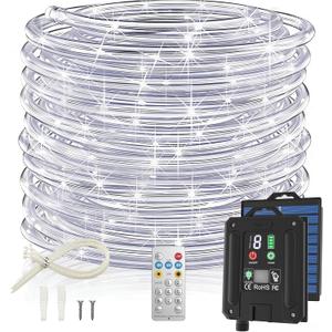 ICRGB Solar Rope Lights, 66FT 200LED 1800mAh Outdoor Waterproof Solar Lights with Remote, IP67 String Light with Timing & 8 Modes for Garden Tree Pathway Yard Pool RV Christmas Decor, White