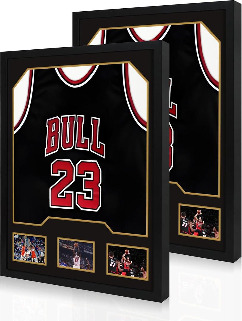 Jersey Frame Display Case 2 Pack, Large Wooden Sport Jersey Shadow Box Frame with Mats and Real Tempered Glass Cover for Football Hockey Baseball Basketball Soccer Shirt,Black