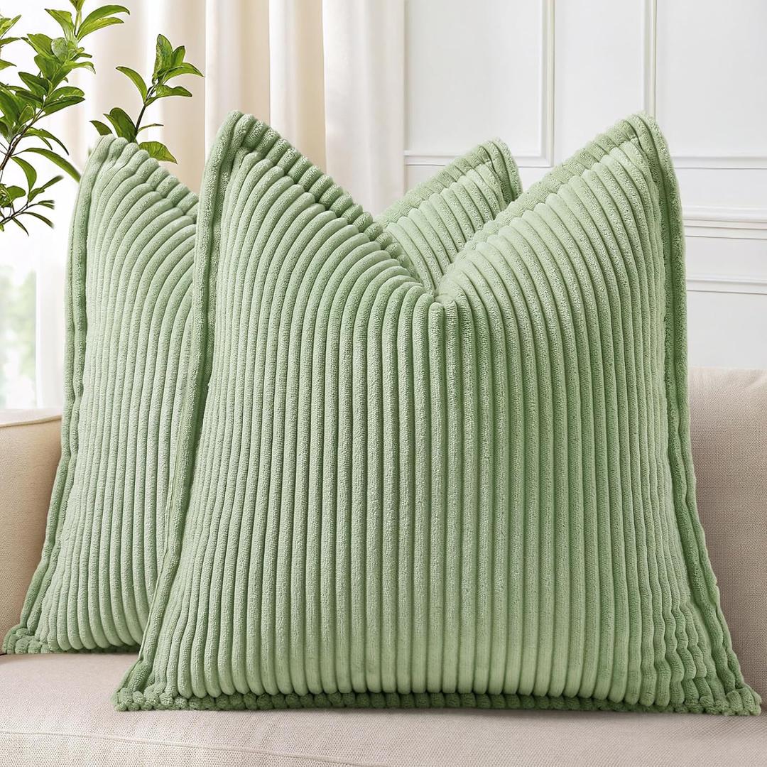 decorUhome Spring Corduroy Sage Green Throw Pillow Covers 18x18 Set of 2 Decorative Soft Boho Farmhouse Couch Pillow Covers for Living Room Bed Sofa Broadside Striped Pillow Cases