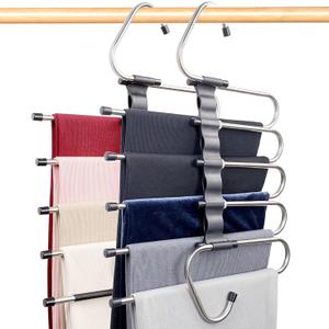 Pack of 2 Space-Saving 5-Tier Pants Hangers for Closet Organization, Vertical Multilayer Pants Organizer for Jeans, Slacks, and Trousers, Stainless Steel Hanging Bars with Anti-Slip Stoppers