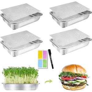 Stainless Steel Sprouts Growing Kit Trays 4-Tier 14 inch, Microgreens Growing Kit, Seed Sprouting Tray with Encrypted Mesh Sprouts for Beans Alfalfa Broccoli Seeds Wheat Grass (Silver)