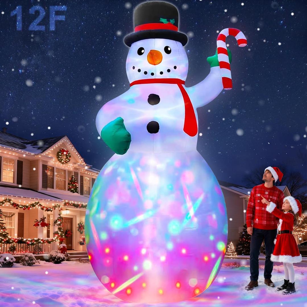 12 Ft by 6 Ft Giant Christmas Inflatables Snowman Outdoor Decorations, Blow Up Snowman Holds Candy Cane Built-in Rotating Colorful Lights Christmas Decorations Outdoor Yard Lawn Garden Holiday Party