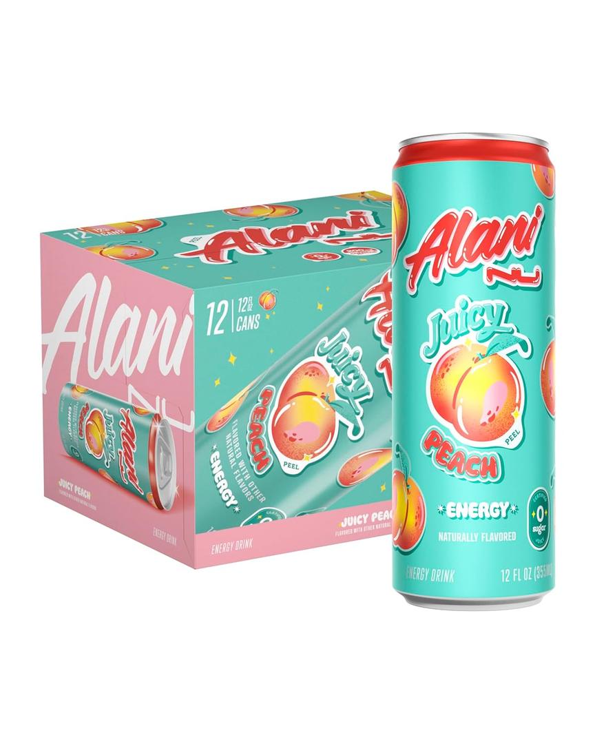 Alani Nu JUICY PEACH Sugar Free, Low Calorie Energy Drinks | 200mg Caffeine | Biotin B Vitamins | Zero Sugar | 10 Calories | 12 Fl Oz Cans | 12 Pack