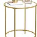 VASAGLE Round Side Table, Glass End Table with Metal Frame, Gold Coffee Table with Modern Style, for Living Room, Balcony, Bedroom, Gold Color
