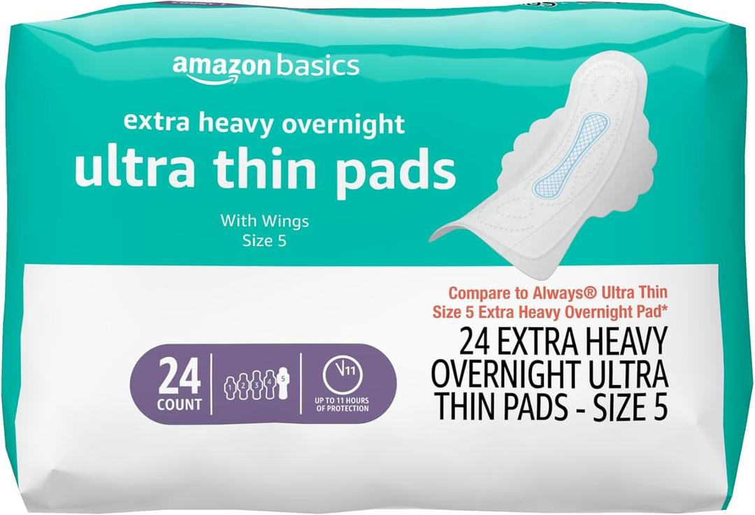 Amazon Basics Ultra Thin Pads with Flexi-Wings for Periods, Extra Heavy Overnight Absorbency, Unscented, Size 5, 24 Count, 4 Pack (Previously Solimo)