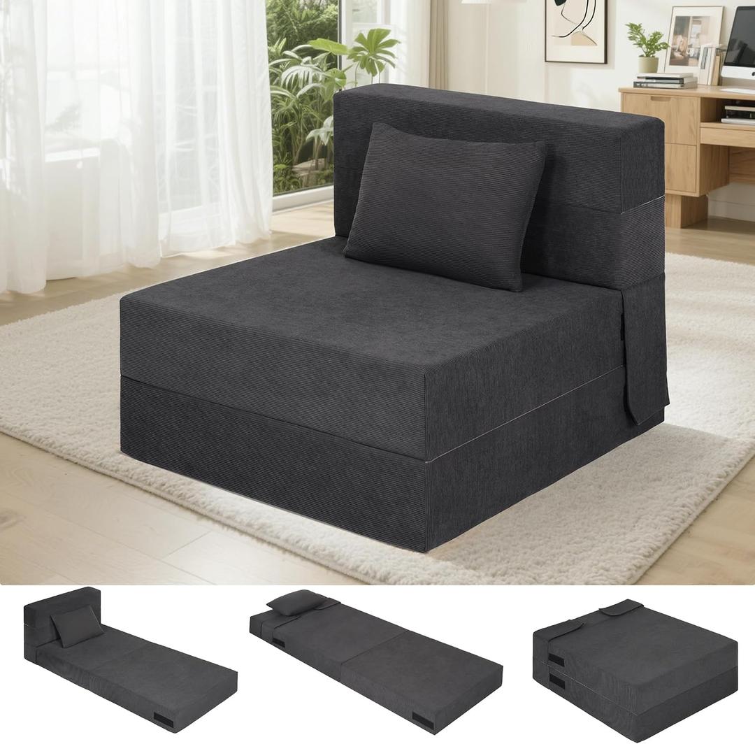 Fvkind Folding Sofa Bed, 4 in 1 Convertible Fold Out Single Chair Bed with Pillow, Memory Foam Futon Chair, Foldable Futon Couch, Foldable Sofa Mattress for Living Room, Bedroom, Guest Room, Dark Grey