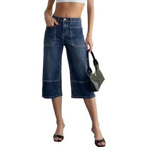 Sidefeel Women's Wide Leg Jeans High Waisted Stretchy Big Pockets Capri Denim Pants Size 10, Bluing