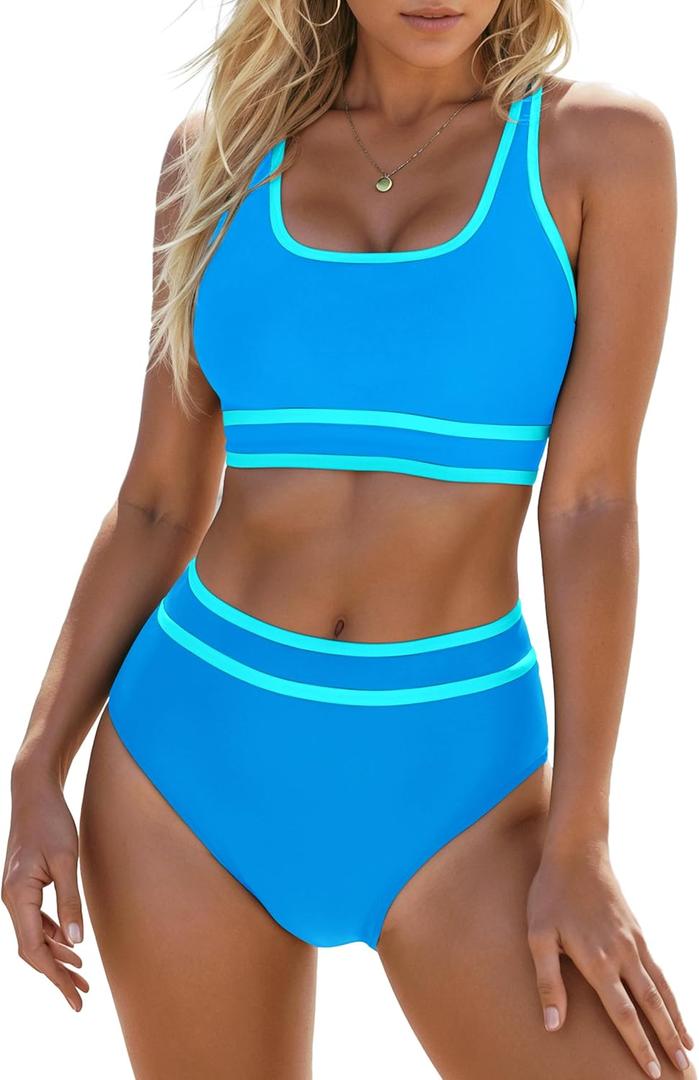 Blooming Jelly Womens High Waist Bikini Sets Sporty Color Block Two Piece Swimsuits Scoop Neck Cheeky Bathing Suits, M