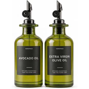 Verspace UV-Protected Green Glass Olive Oil Dispenser Bottles For Kitchen - 2 Pack - 12oz Includes 40 Kitchen Essential Labels, Avocado Oil Dispenser Set, Modern Decor for Home, Airbnb, Cafe
