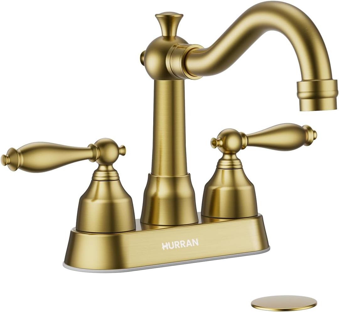 4-inch Centerset Brushed Gold Classical Bathroom Faucet, 2 Handles for 2 or 3 Hole Sink with 360 Swivel Spout, Pop Up Drain Assembly and Supply Hose for Vanity Sink Lavatory Faucet