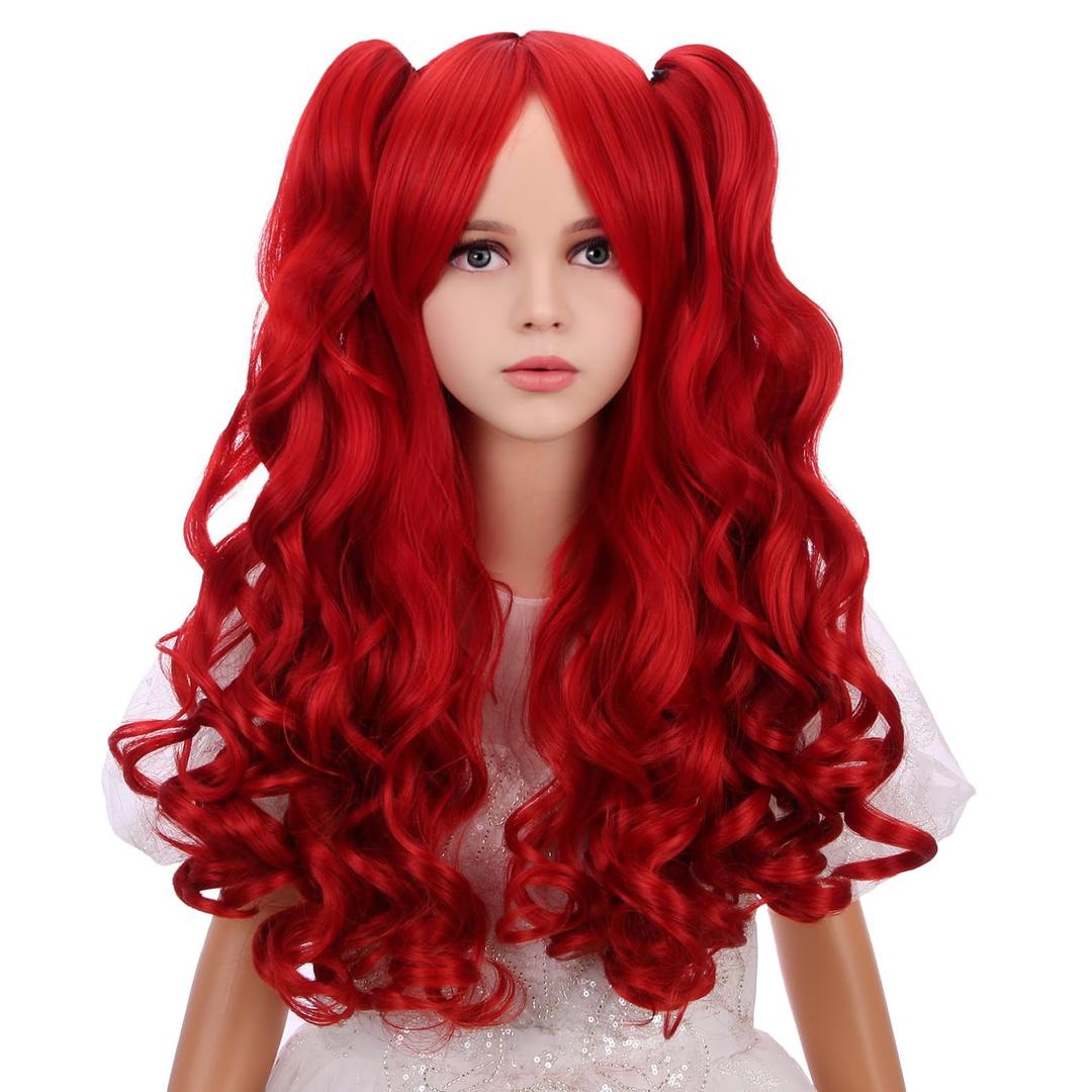 Red Wig for Kids Girls Burgundy Red Wig with Bangs Kids Ponytail Wigs Child Long Curly Wavy Wigs for Daily Halloween Party Cosplay