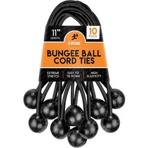Xpose Safety Bungee Ball Cords 11" 10 Pack Heavy Duty Black Stretch Rope with Ball Ties for Canopies, Tarps, Walls, Cable Organization