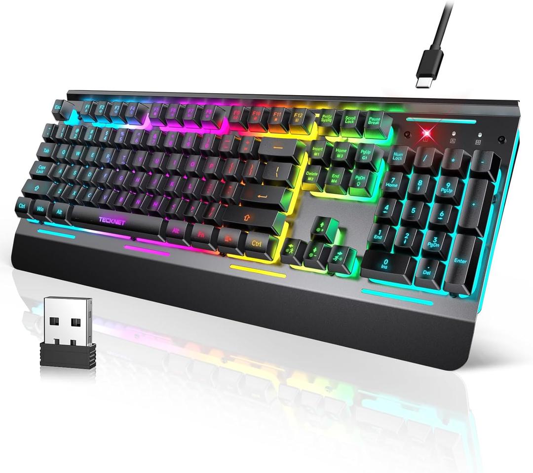 TECKNET Wireless Gaming Keyboard, 2-in-1 (2.4G Wireless & Wired) Computer Keyboard, 15-Zone RGB Keyboard, 4000mAh Rechargeable Battery, Metal Panel, PC Gaming Keyboards (Whisper Quiet Gaming Switch)