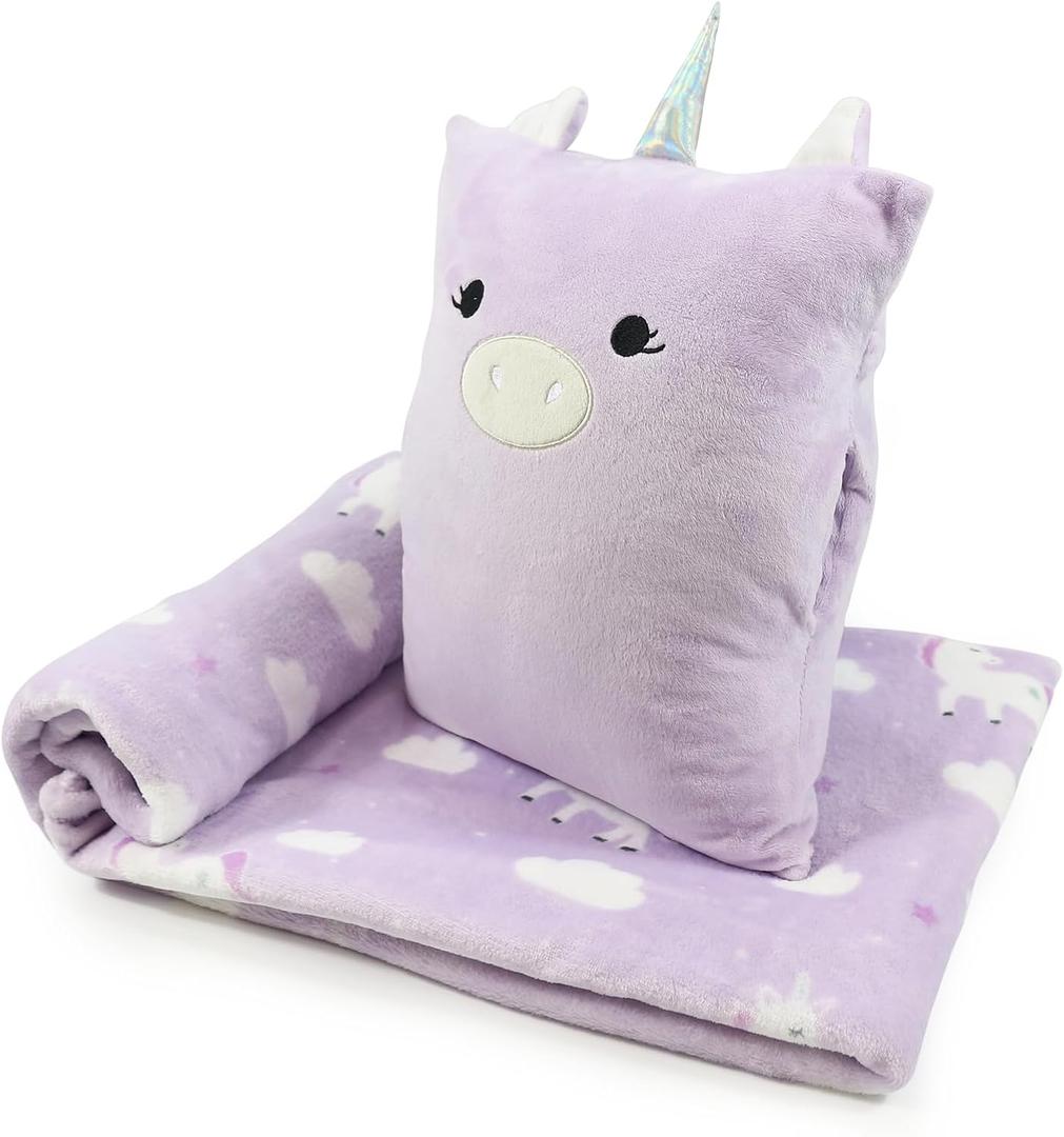 3-in-1 Kids Travel Pillow and Blanket Set, Snuggle Pillow with Hand Warmer, 40x60 inches Unicorn Blanket for Girls Compact, Perfect for Travel, Camping, Home and Office