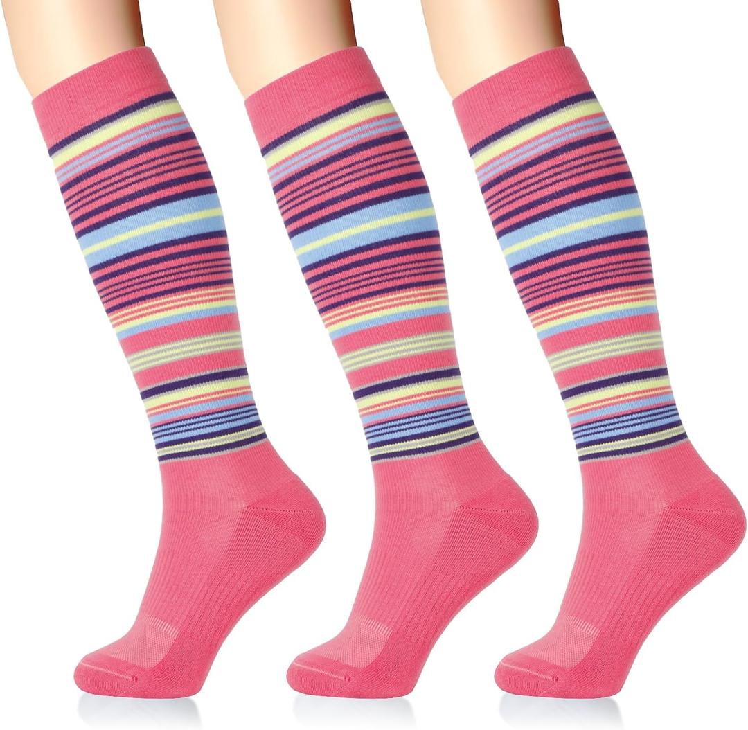 LIN PERFORMANCE Compression Socks for Women and Men 3 Pairs 8-15 mmHg Cotton Knee High Support Socks for Travel Sport (9-11, Blue Rose)