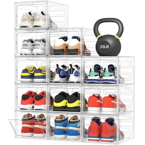 Pinkpum Upgraded Hard Shoe Storage Box 12 Pack X-Large Fit Size 12, Thicken & Sturdy Clear Plastic Stackable Shoe Organizer Box Closet, Sneaker Storage Display Case Holder Bins with Magnetic Door