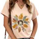 Womens Vintage Sunflower Graphic T-Shirt V Neck Short Sleeve Floral Tees Casual Loose Fit Summer Tops(XL,Beige-3-229) (Beige, XL)