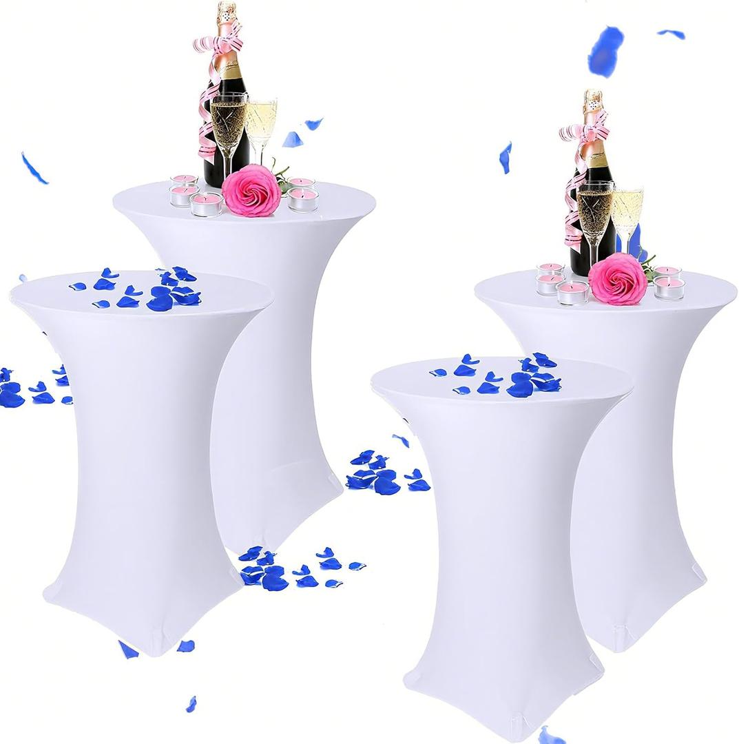 Tegeme 4 Packs 32 x 43 Inch Cocktail Spandex Table Covers Highboy Top Round Cocktail Tablecloth Stretch Square Fitted Tablecloth for Table Wedding Pub Bar Banquet Party (White)