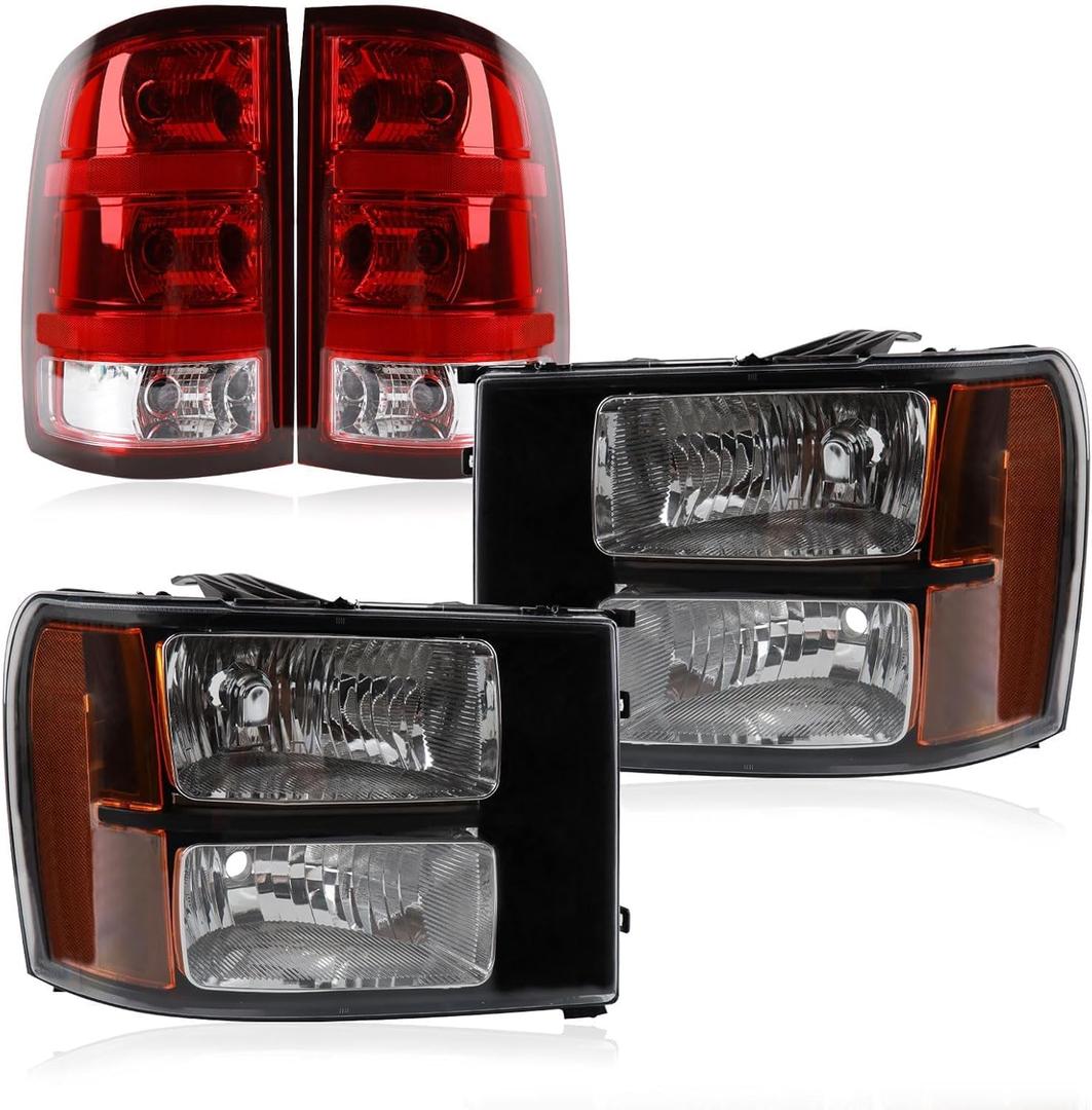 Headlights Tail Lights Kit Compatible with 2007-2013 GMC Sierra 1500 2500 3500 Black and Red Head light Rear Taillights Assembly