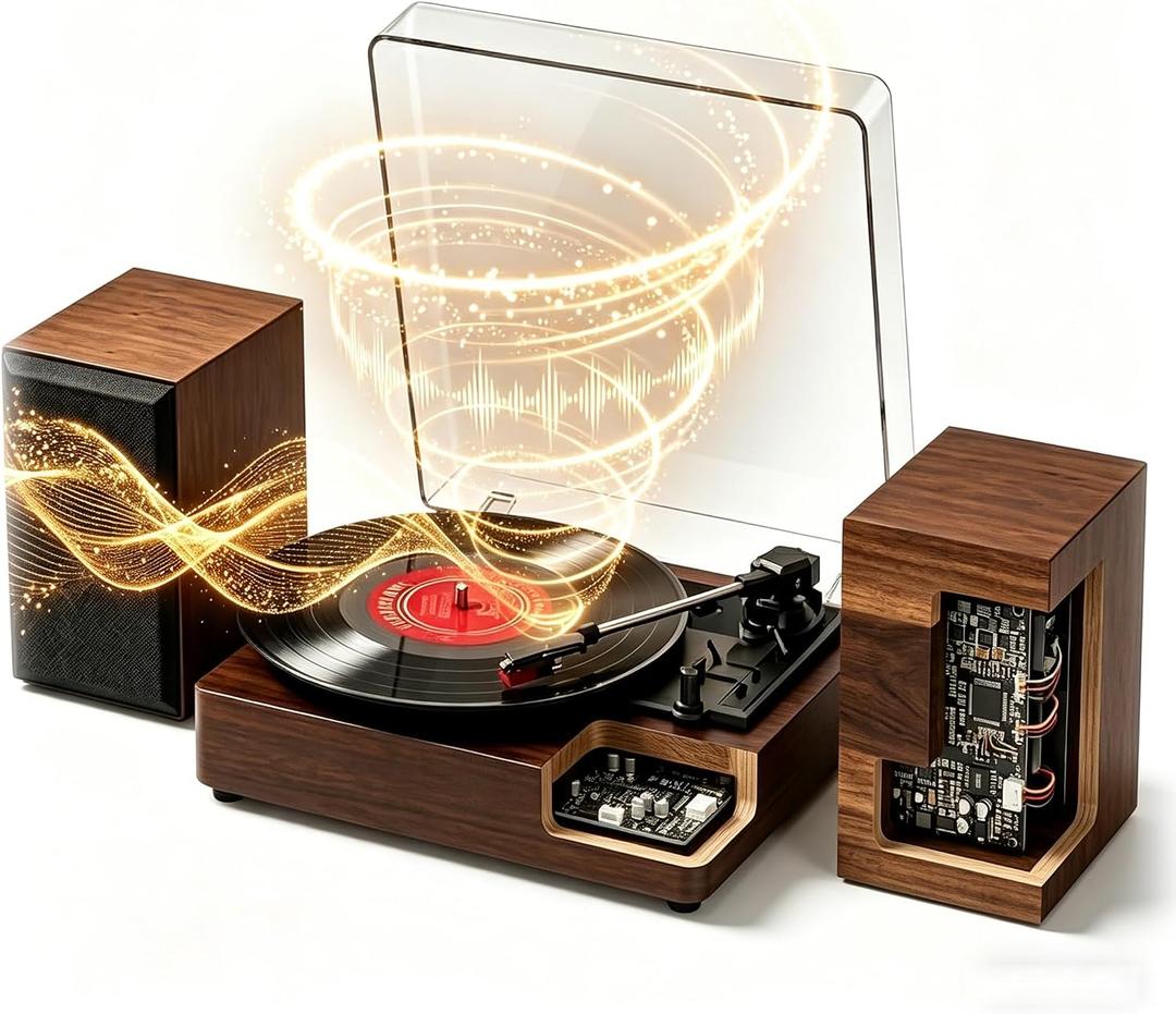 Record Player with 2 Stereo Speakers, Walnut Wood Turntable for Vinyl Records, Vintage Record Player Home Audio System, Vinyl Turntable for Bedroom Living Room Home Decor, Gift for Beginners
