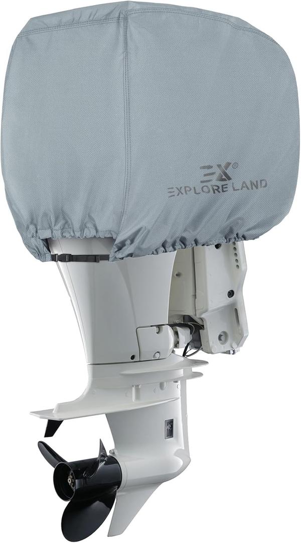 Explore Land Outboard Motor Cover - Waterproof 600D Heavy Duty Boat Engine Hood Covers - Fit for Motor 115-225 HP, Grey