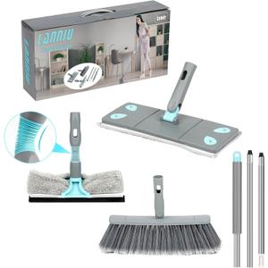 3-in-1 Detachable Broom and Mop Set Combo for House Cleaning, Collapsible Broom and Mop for RV Camping, Home, Dorm, Extension Pole, Window Squeegee, Grey (White)