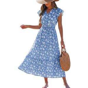 Women's Summer Floral Midi Dress Smocked Waist V Neck Ruffle Sleeve Boho Tiered Sundress Casual Beach Vacation Outfit (Blue, S)