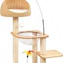 Solid Wood Cat Tree for Large Cats Modern Cat Tower with Feather Toy & Track Balls, Indoor Multi-Level Cat Tower with Space Capsule, Woven Rattan Bed, Scratching Posts, Aesthetic Cat Furniture, 18"L x 15"W x 19"H