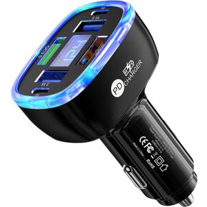 6-in-1 Multi-Function Car Charger with LED Digital Display, PD 3.1A & QC3.0 Super Fast Charging, Fire-Proof PC Body, Multi-Port USB/Type-C Car Adapter for iPhone Android Tablets Cars
