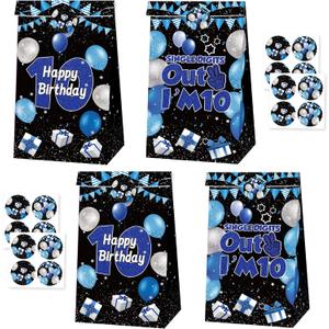 24Pcs Peace Out Single Digits Party Favor Bags, Blue Black I'm 10 Birthday Gift Goodie Bags with Matching Stickers, Double Digits Birthday Party Supplies Decorations, 1 count
