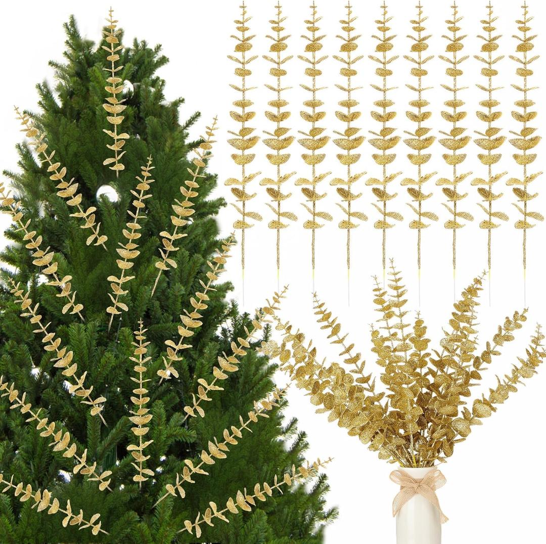 24 Pcs Christmas Tree Picks and Sprays Glitter Gold Eucalyptus Leaves Stems 15.8'' Artificial Picks for Christmas Tree Fillers Xmas DIY Ornaments Vase Wreath Garland Home Decor