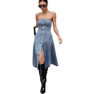 utcoco Women's Stretch Strapless Denim Tube Dress Button Down Sleeveless A Line Swing Jean Dress 2025