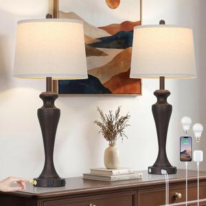 Ruzectt 30 Inch Brown Table Lamps Set of 2, 3-Way Touch Control Bedside Lamp with USB A+C Ports and AC Outlet, Tall Living Room Lamps for End Table, Classic Coffee Bedroom Lamp for Night Stand Desk