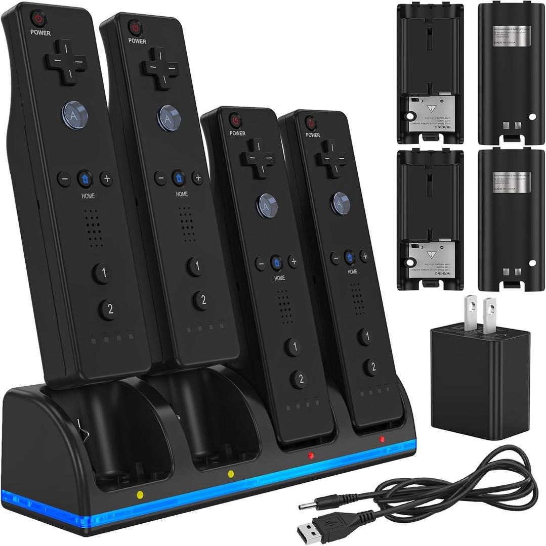 Remote Controller Charger for Wii/Wii U With 4 Pack 2800mAh Rechargeable Battery Pack, 4 Port Charging Station for Controller, Remotes Not Included (7.4 * 2.1 inches, Black)