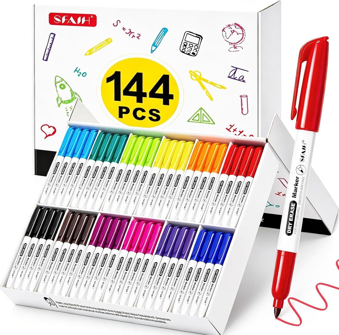 SFAIH Dry Erase Markers Fine Tip 12 Colors, 144 Pack (12 Dozen) - Pre-Sorted in 12-Compartment Tray | Bulk Classroom Organization | Low Odor Whiteboard Markers| 5 Sizes:12/24/48/72/144 Packs