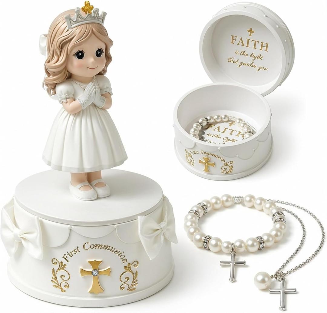 First Communion Gifts for Girls - 1st Holy Communion Gift with Prayerful Girl Figurine, Keepsake Box & Pearl Bracelet - Religious Keepsake Gift for Girls