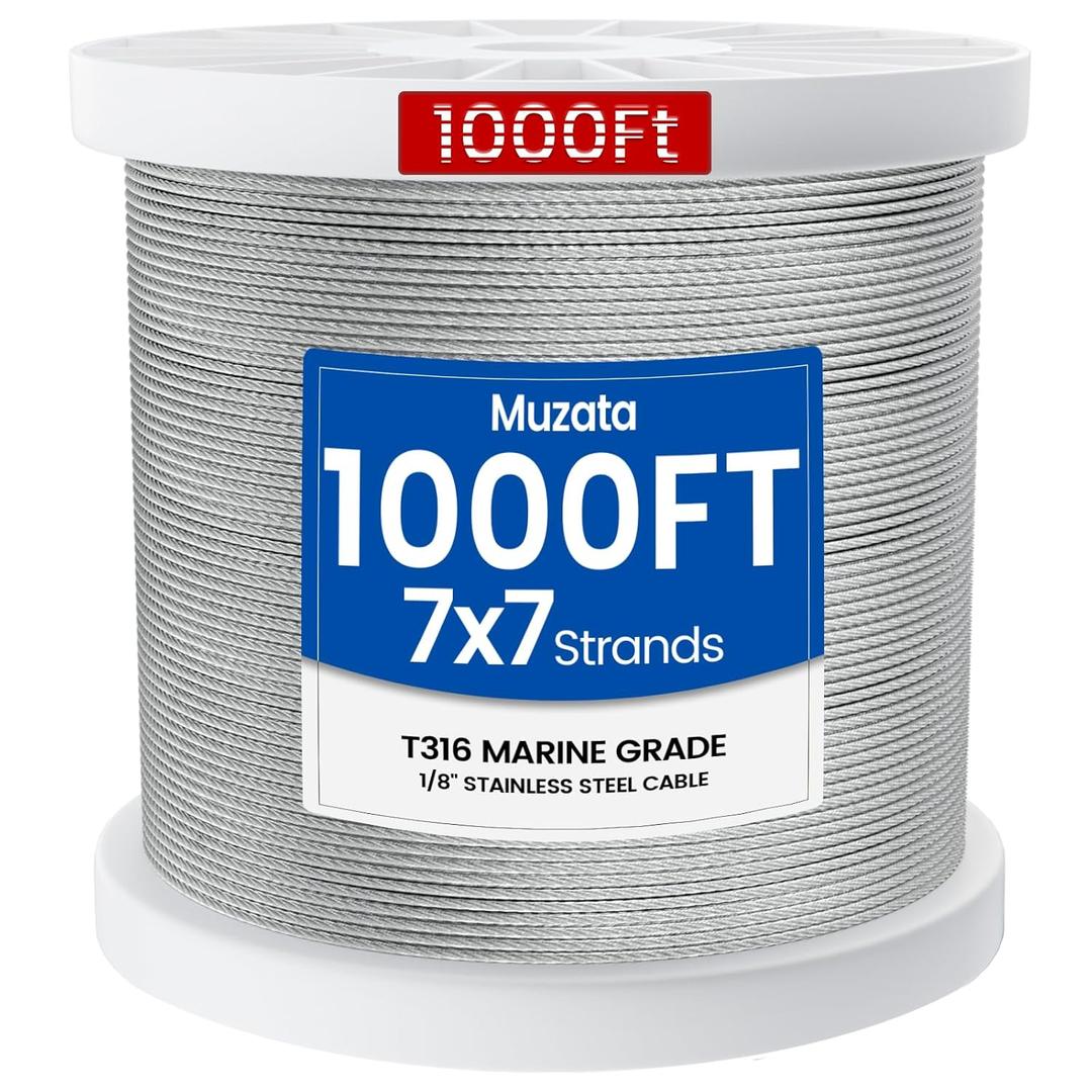 Muzata 1000 ft 1/8" Stainless Steel Cable Railing System Hardware T316 Stainless Steel Wire Rope 7x7 Strands 1800 lb Breaking Strength Deck Cable Railing Kit for Indoor Outdoor Coastal WR02